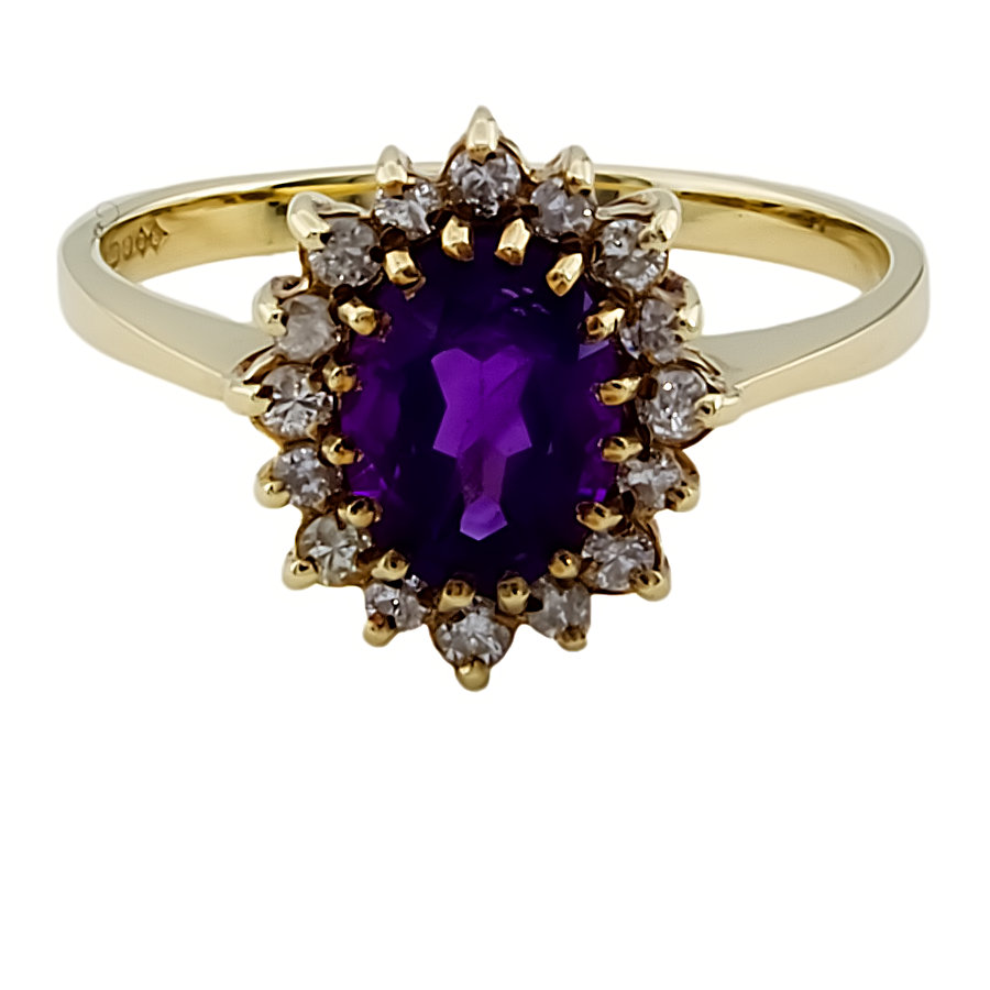 9ct Gold Amethyst / Diamond Cluster Ring size Q